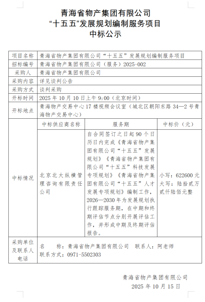 青海省物产集团有限公司 “十五五”发展规划编制服务项目 中标公示